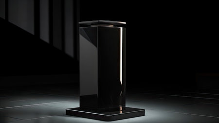 Reflective high-gloss podium with black backdrop.の素材