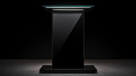 Sleek high-gloss podium against black lacquered panels.の素材