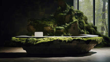 Sustainable podium with vibrant moss backdrop.の素材