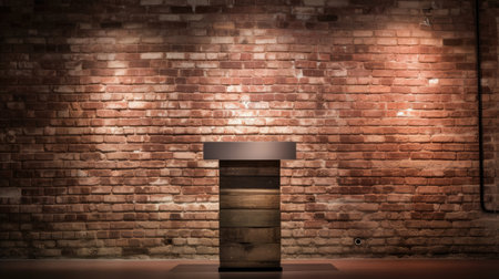 Sleek industrial podium with steel finish. Weathered brick backdrop for urban character. Soft lighting for dynamic display.の素材