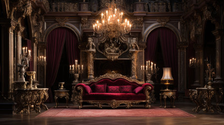 Luxurious Baroque-style podium with ornate carvings and gilded accents. Dark wood finish contrasts floor-to-ceiling tapestryの素材