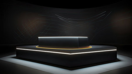 Sleek high-tech podium with black glass surface and touch-sensitive controls. Dynamic LED wall complements showcased product.の素材