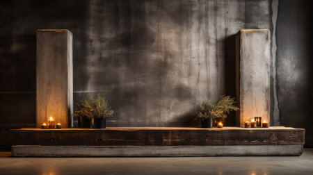 Rugged podium with urban concrete backdrop.の素材