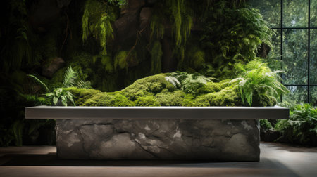 Nature-inspired podium crafted from polished river stones. Living wall of lush ferns and moss evokes tranquility and sustainabilityの素材