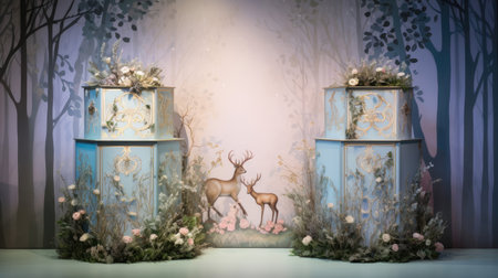Whimsical fairy tale-inspired podium with intricate hand-painted details. Pastel hues evoke enchanted gardensの素材