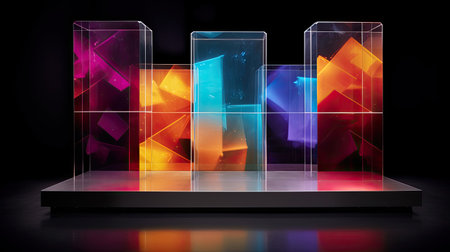 Innovative modular podium with transparent acrylic panels. Dynamic LED wall creates a versatile platform for showcasing commercial products.の素材