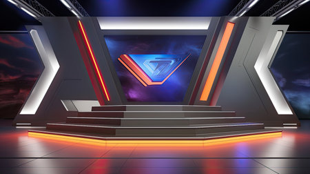Ultra-modern podium with sleek metallic surfaces and dynamic LED backdrop.の素材
