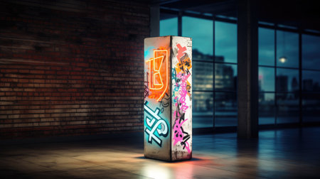 Urban-chic podium with concrete surface and graffiti backdrop. Warm lighting creates dynamic platform for commercial products.の素材