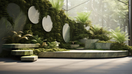 Organic podium made from polished river stones with fern backdrop.の素材