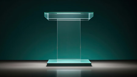 Clear acrylic podium with precise sharp edges. Muted teal background for showcasing tech accessories.の素材