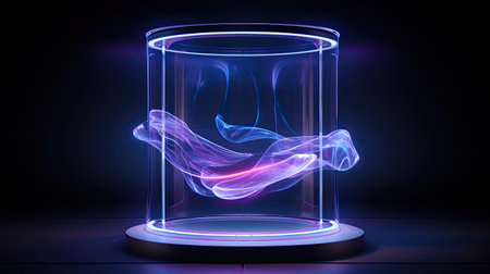 Futuristic levitating podium with ethereal glow. Dynamic LED screen with abstract patterns. Surreal platform for innovative products.の素材