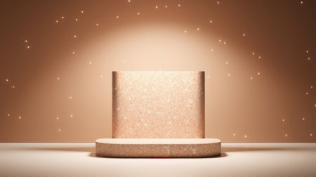 Pale matte terrazzo podium with delicate speckles. Warm lighting for presenting handcrafted decor.の素材