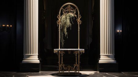 Elegant Parisian-inspired podium with wrought iron details and marble top. Opulent design reflected in gilded mirror. Romantic lighting for premium product display.の素材