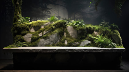 Organic podium made from polished river stones with fern backdrop.の素材