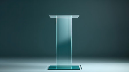 Clear acrylic podium with precise sharp edges. Muted teal background for showcasing tech accessories.の素材
