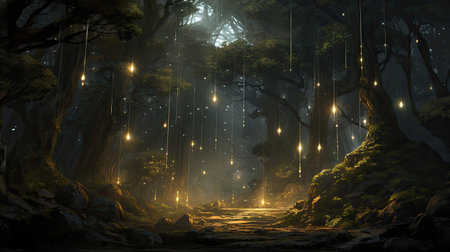 Enchanted forest realm: silver and gold trees in moonlight.の素材