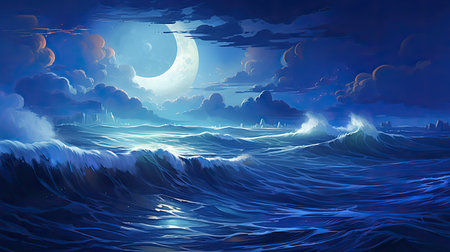 Ocean waves under the moonlight. Enchanting romantic atmosphere in deep blues and teals.の素材