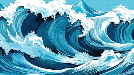 Retro pop-art style vibrant ocean waves. Energetic graphic wave pattern for vintage flair.の素材