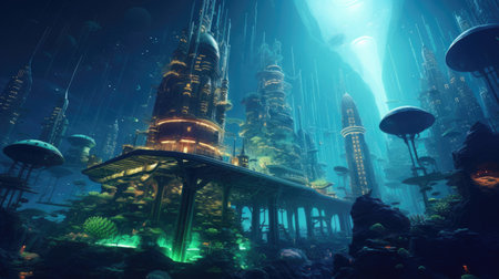Futuristic city submerged with neon skyscrapers and bioluminescent marine life.の素材