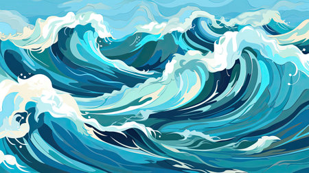 Retro pop-art style vibrant ocean waves. Energetic graphic wave pattern for vintage flair.の素材