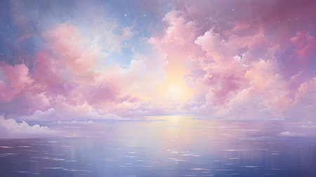 Whimsical dreamscape of cotton candy clouds over a stardust sea.の素材
