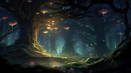 Fireflies illuminate magical forest with bioluminescent trails.の素材