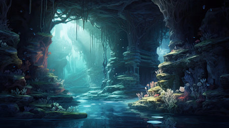 Enchanting glow in underwater cave with luminescent coral.の素材