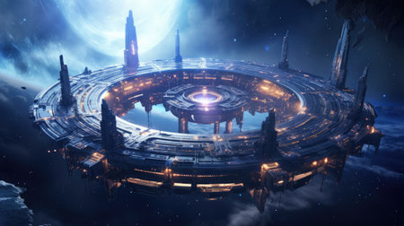 Futuristic space station orbiting a star metallic structures against swirling nebula.の素材