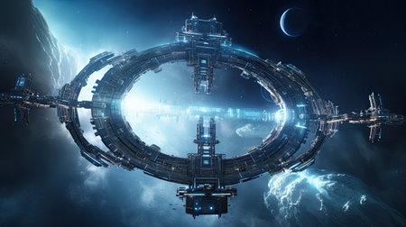High-tech space station with holographic displays in distant star orbit.の素材