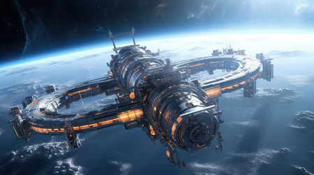 Advanced technology in futuristic space station orbiting a distant star.の素材