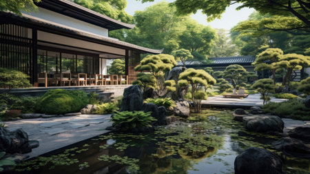 Serene oasis in bustling metropolis: Japanese garden with raked paths.の素材