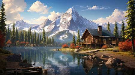 Picture-perfect wilderness retreat with lakeside cabin.の素材