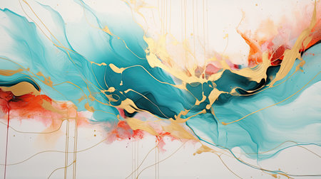 Vibrant marbled ink with coral petals and gold linesの素材