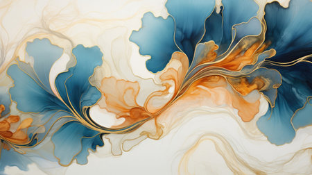 Captivating cerulean ink with golden lines and coral blossoms - a dynamic interplay of color and movementの素材