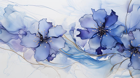 Sky-blue ink with silver lines lilac blossomsの素材
