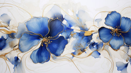 Cobalt ink with gilded veins on whiteの素材
