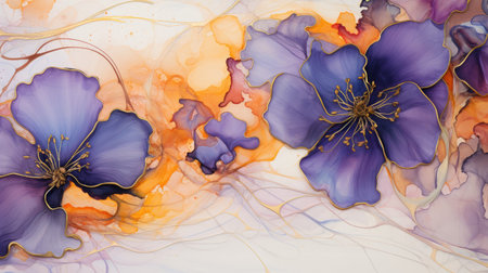 Tangerine ink with golden swirls and lilac blossomsの素材