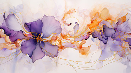 Tangerine ink with golden swirls and lilac blossoms - Dance of colorの素材