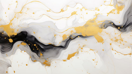 Onyx ink with golden flower swirls on white - Elegance in fluid formの素材