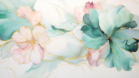 Jade ink with golden lines and pink accents - Blend of nature and artの素材