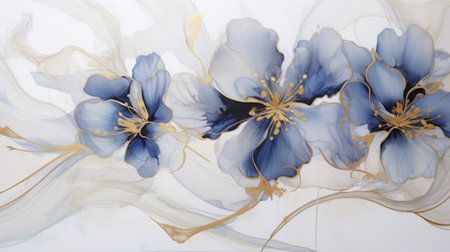 Cobalt ink painting with golden veins on white - Swirling fluid beautyの素材