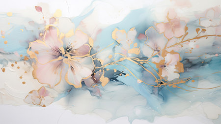 Aqua petals golden accents pink blossoms - a tranquil fusion of ink and natureの素材