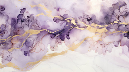 Opulent ink texture with cascading wisteria blossoms in shades of lavender and amethyst accented with golden swirlsの素材