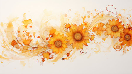 Dynamic marbled ink with golden sunflowers on whiteの素材