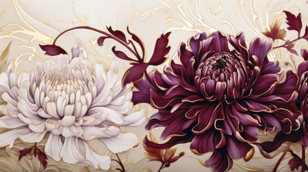 Majestic marbled ink with chrysanthemums golden vines on whiteの素材