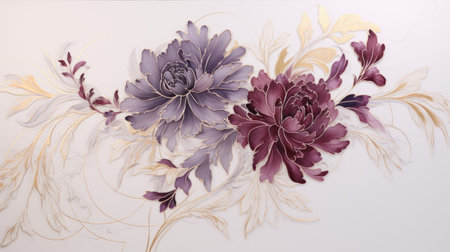 Majestic marbled ink with chrysanthemums golden vines on whiteの素材