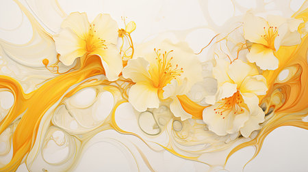 Abstract marbled ink with daffodils in yellows whites and golden vines on white backdropの素材