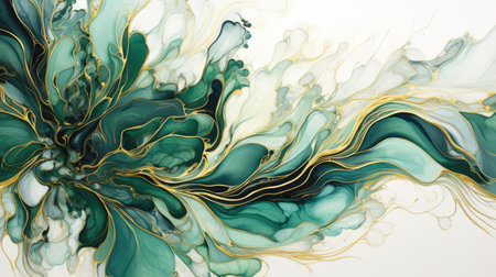 Opulent ink masterpiece featuring lush ferns in deep emerald greens entwined with golden vinesの素材