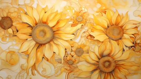 Dynamic ink canvas with blooming sunflowers in golden yellows and rich oranges accented with golden veinsの素材