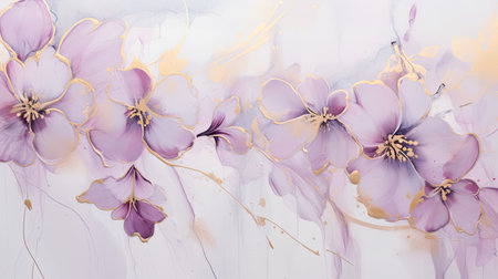 Elegant marbled ink with orchids in lavender and mauve adorned with golden linesの素材